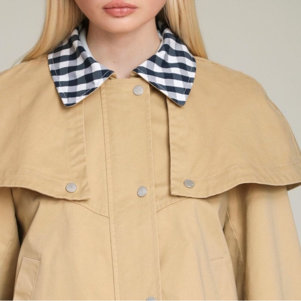 Avec Les Filles Gingham Trim Cape Trench Jacket Khaki Tan XS NWT - Picture 9 of 12